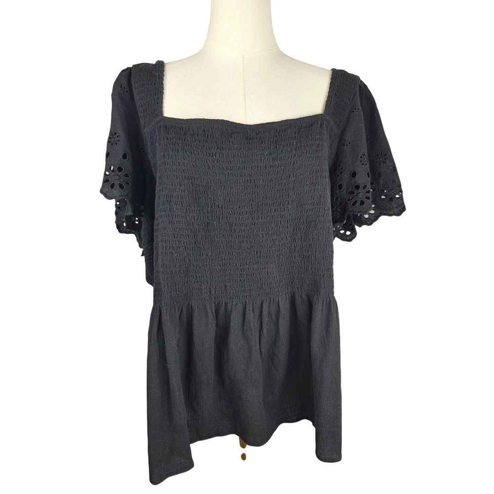 Madewell Lucie Smocked Peplum Top 3X Black Eyelet Sleeve Button Back Cottagecore